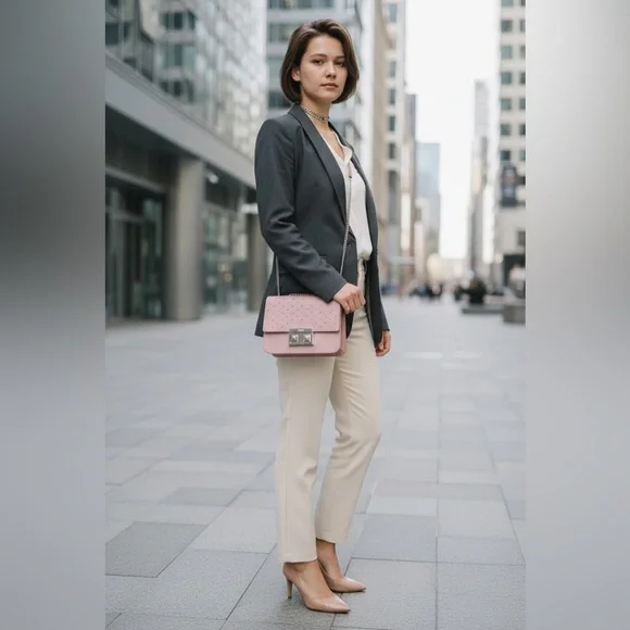 Furla Metropolis Mini Studded Leather Crossbody Blush Pink Saffiano Chain Bag - Picture 2 of 15